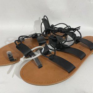 Sandalup Woman's 8.5 Gladiator Sandals Black Slip On String Tie Up Leg New